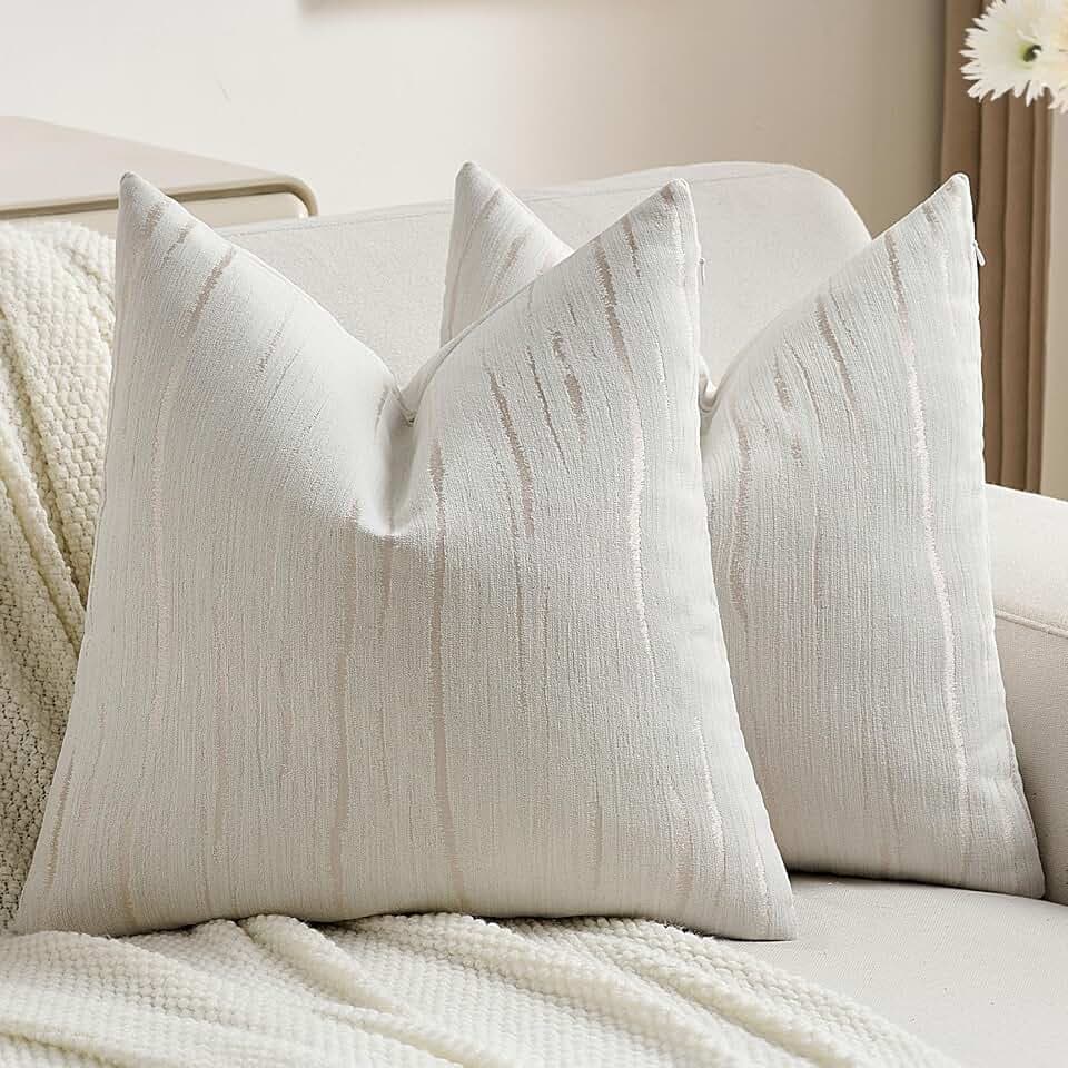 FUTEI Pack of 2 Chenille Striped Throw Pillow Covers 24x24 Inch,Cream