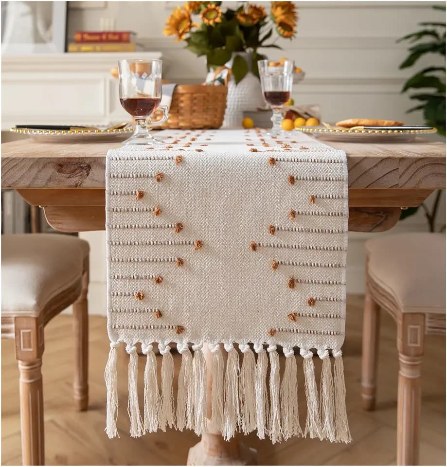 Caflife Brown Beige Cotton Linen Rustic Boho Table Runner 13 x 72 Inch Long