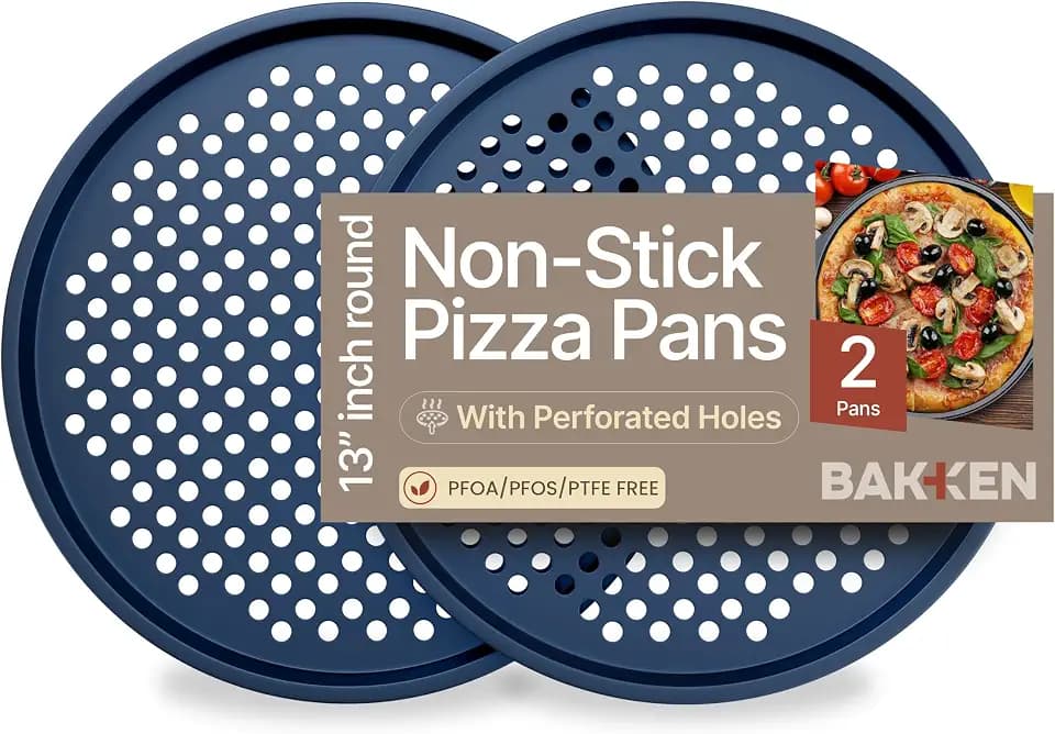 BAKKENMASTER Bakken Pizza Baking Pan - Round Perforated Carbon Steel Pan with Non-Stick Marble Coating, Dishwasher Safe, High-Temperature Resistant, Durable Easy Cleanup - Blue, Pack of 2
