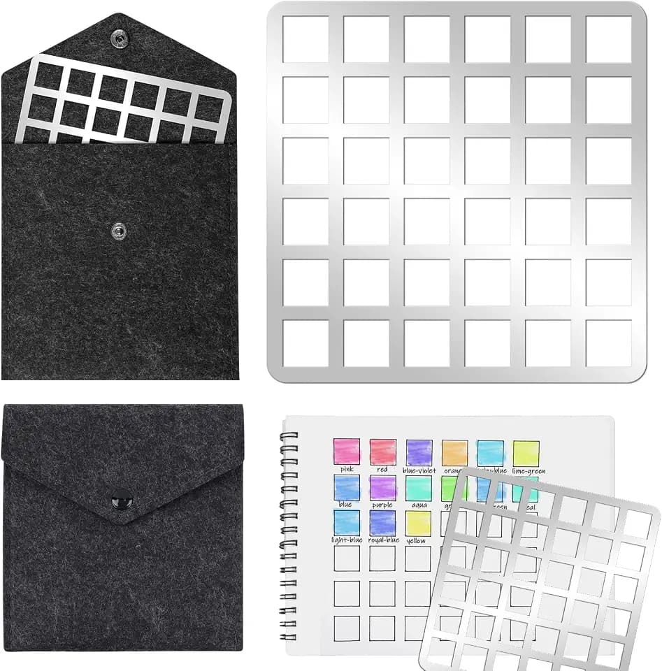 Metal Square Watercolor Swatch Template with Bag 4.96x4.96 Inch Square Acrylic Painting Stencil Stainless Steel Grid Drawing Painting Stencil Card for Color Correction Paint DIY Bullet Journal