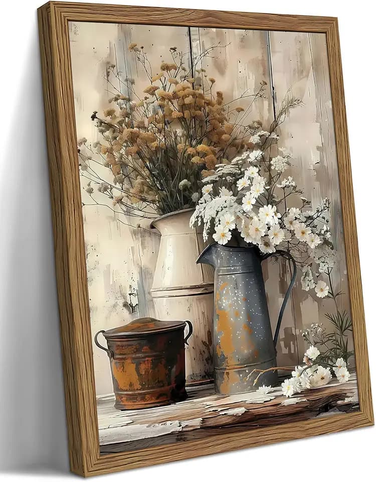 YHCTHT Framed Farmhouse Rustic Daisy Canvas Wall Art – Vintage Country Floral Wall Decor, White Jasmine and Rust Watering Can Prints for Living Room Bedroom Bathroom Decoration – 12x16in