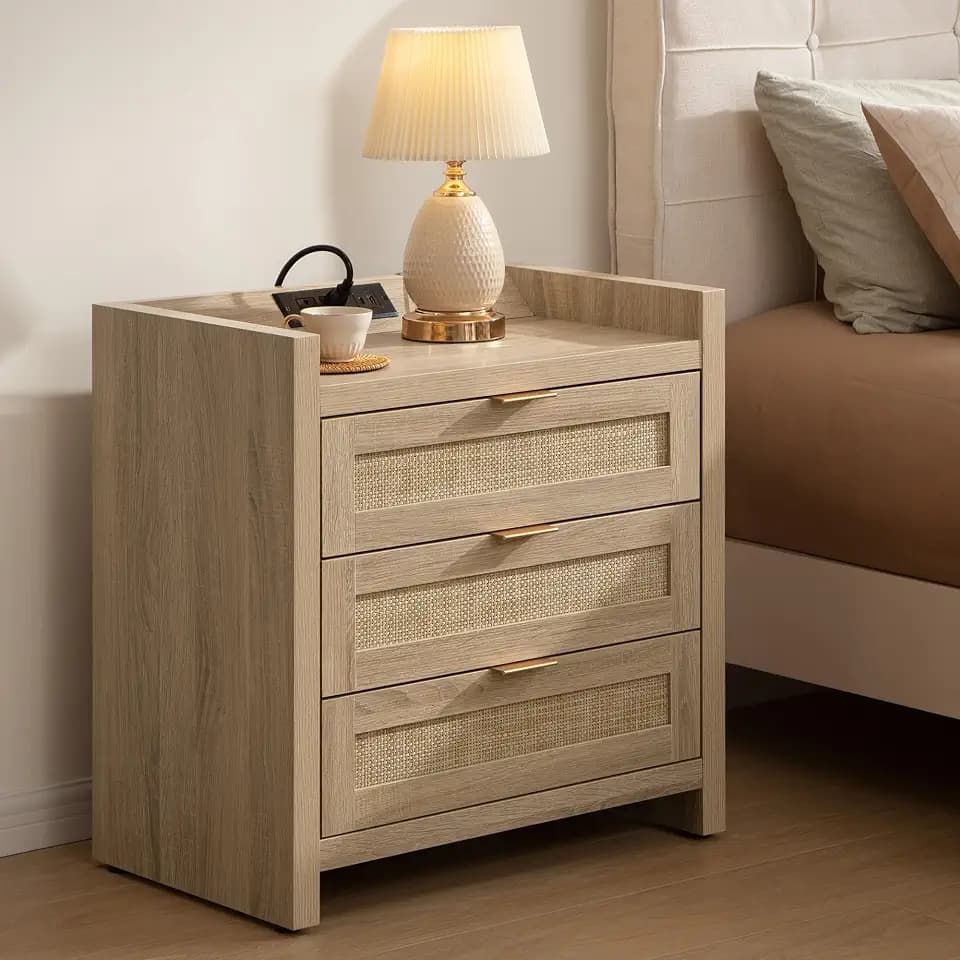 SICOTAS Rattan Nightstand for Bedroom, Tall Bedside Table with 3 Drawers
