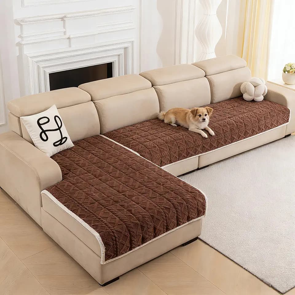 Plush Sectional Couch Cover for Pets,2 Pieces L Shaped Sofa Covers for Cats & Dogs Washable Sofa SlipCover Furniture Couch Protector for Living Room(35"x 71"+35"x 82", Brown)