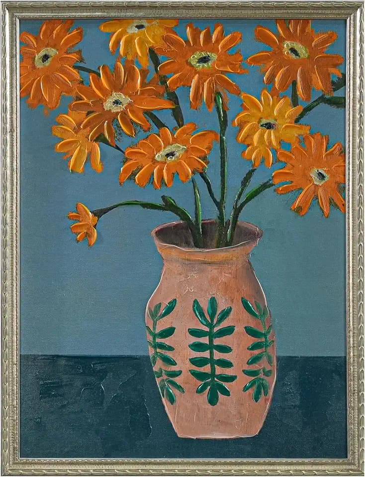 Creative Co-Op Framed Floral Canvas Wall Art with Wood Frame, Multi-Color Flowers in Vase