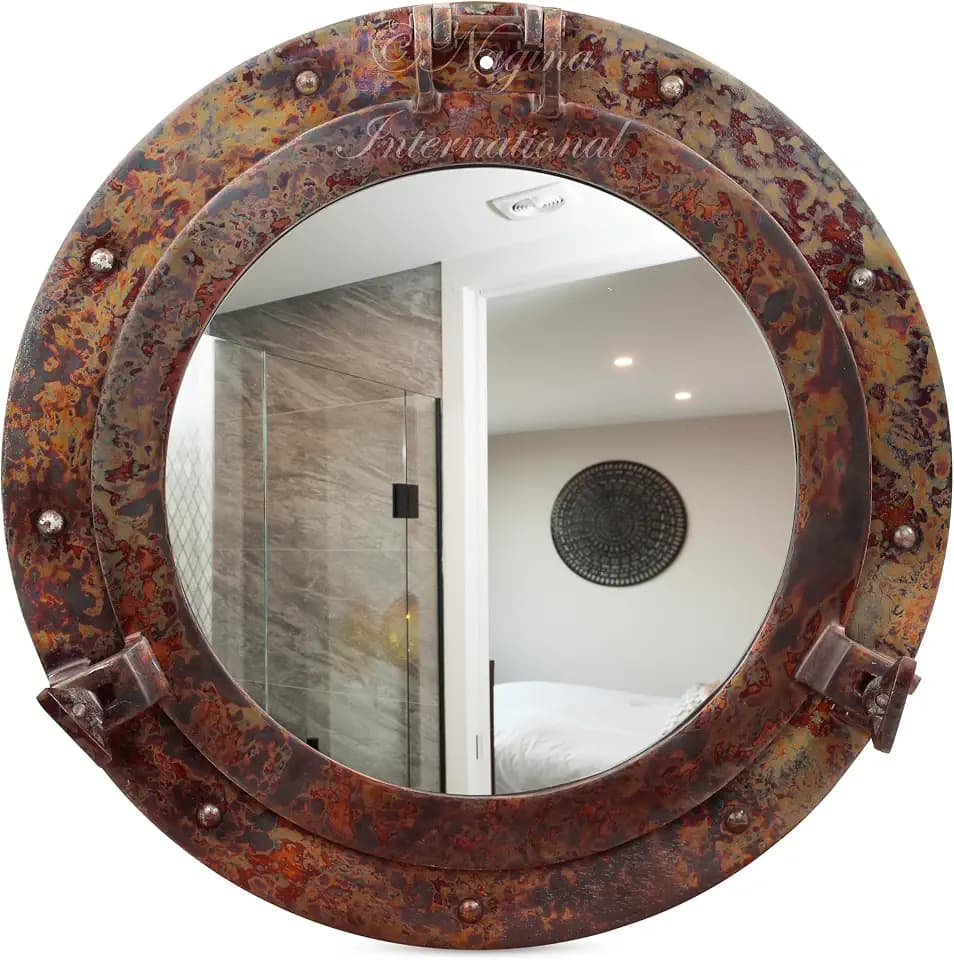 Nagina International Rustic Copper Shipwrecked Premium Nautical Porthole Mirror | Nautical Bathroom Mirrors (12 Inches, Aluminum Mirror)