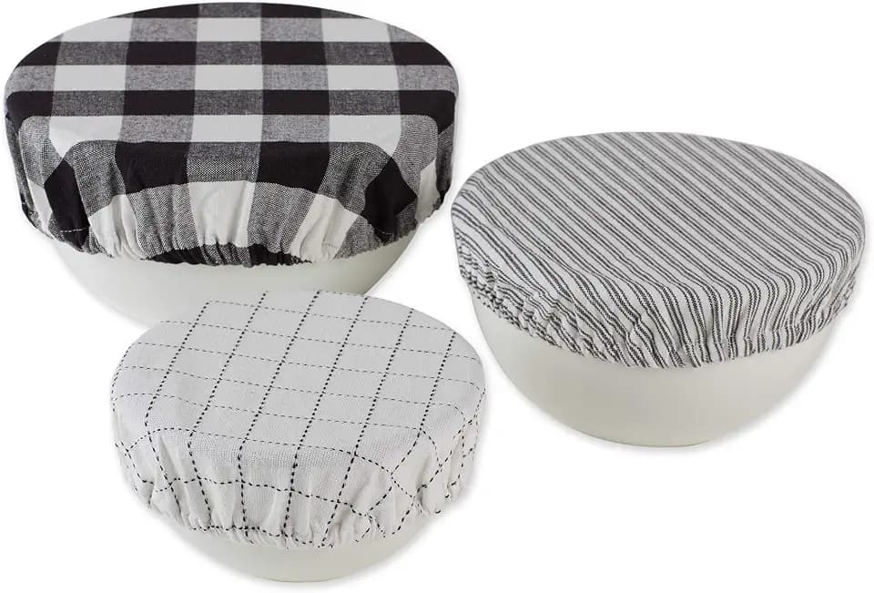 DII Reusable Cloth Bowl Cover Collection Machine Washable, Cotton with Elastic Stretch for Food Storage, 10.25"/8.25"/7.5" Diameter, Farmhouse Plaid, Black, 3 Piece
