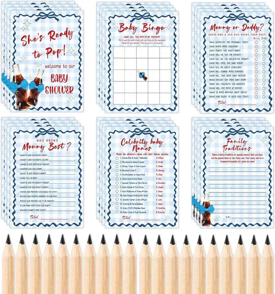 Blue Soda Pop Theme Baby Shower Games - “She‘s Ready to Pop” 111 Pcs Bundle, Includes 5 Party Games, 90 Cards, 20 Pencils and Answer Sheets, Soda Theme Decor, Favors and Gender Reveal Supplies