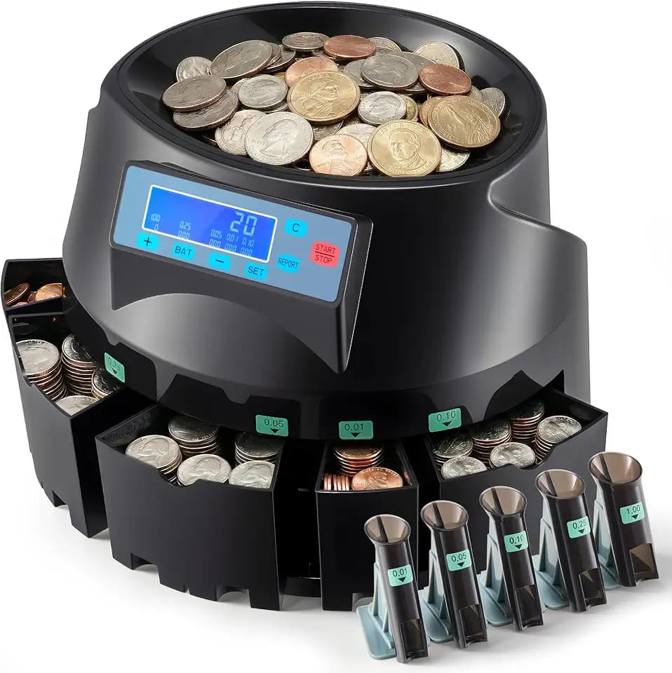VEVOR USD Coin Counter with LCD Display, Precise Coin Counting and Sorter Machine - Sorts up to 300 Coins/min into Coin Wrappers, Compact Digital Change Counter Included 5 Coin Bins & 5 Tubes