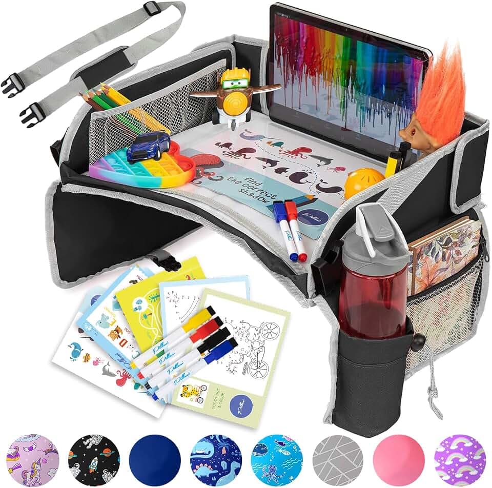 PILLANI Kids Travel Tray for Car - Car Seat Tray with Activity Sheets & Pens, Road Trip Essentials for Car & Airplane, Must Have Toddler Travel Lap Desk Accessories - Road Trip Activities for Kids
