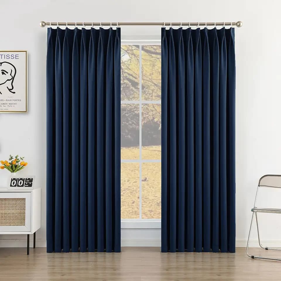 MUMFAS Navy Blue Pinch Pleat Curtain 72" W x 84" L Solid Thermal Insulated 95% Blackout Patio Door Curtain Panel Drape for Traverse Rod and Track with Tieback, (One Panel)