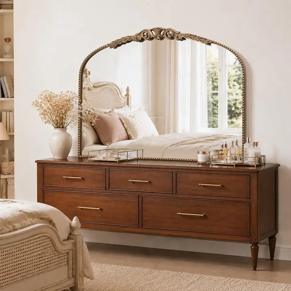 Besdomus Gold Large Arched Mirror: 40"x29" French Vintage Dresser Mirror