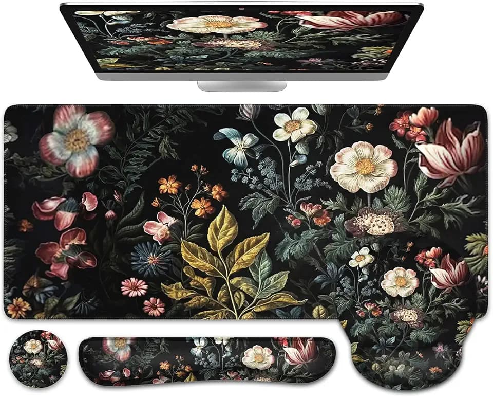 iCasso Desk Cover Mat, 4in1 Floral Large Mouse Pad with Wrist Rest