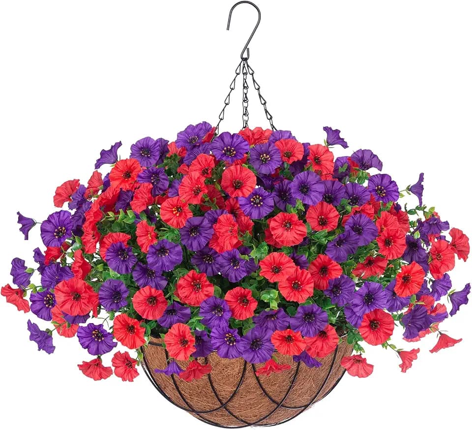 Artificial Fake Hanging Flowers with Basket for Outdoor Decor 12 Pcs UV Resistant Faux Silk Morning Glory Flowers Plants for Outdoor Outside Planters Home Porch Patio Balcony Spring Summer Décor
