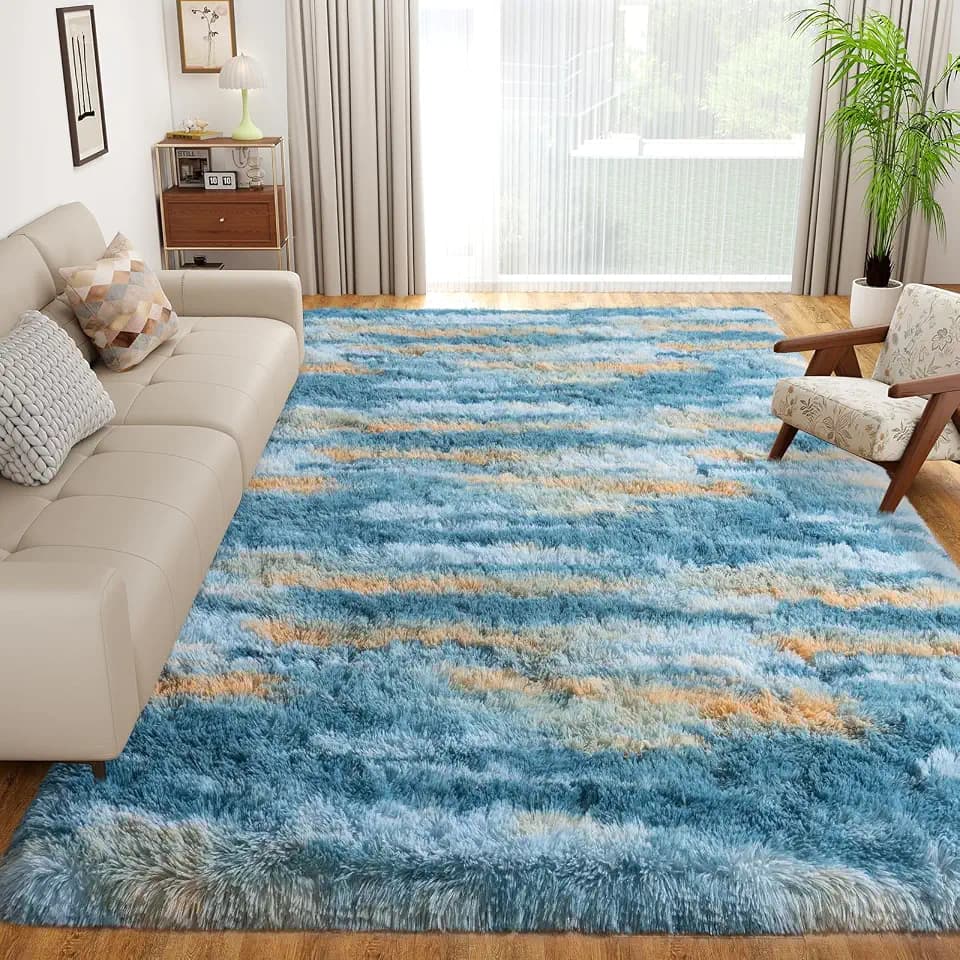 Dssimo Blue and Yellow Rugs for Living Room Bedroom, 5x7 Shaggy Area Rug