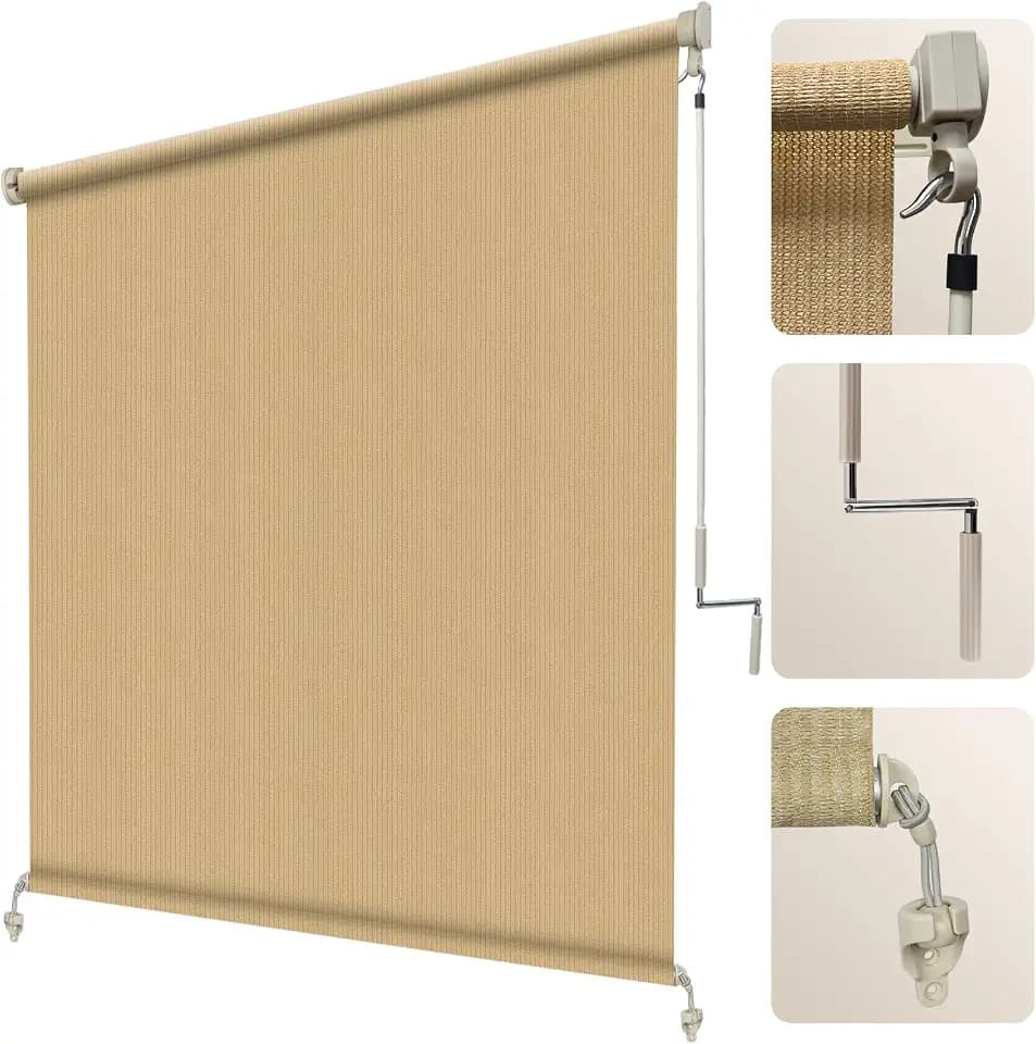 Artpuch Outdoor Roller Shade 8' W x 8' H, Sesame Exterior Cordless Patio Shades Roll Up Blinds with Spliced Pole Design, (2 Poles, One-Piece Fabric)