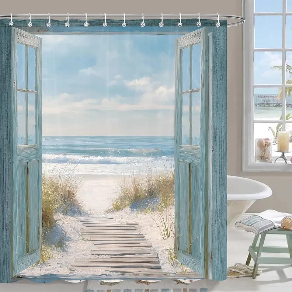 Beach Ocean Shower Curtain, Blue Coastal Nautical Seascape Rustic Barn Door Bathroom Curtains Decor, Waterproof Fabric Shower Curtain for Bathroom, 72 x 72 inch