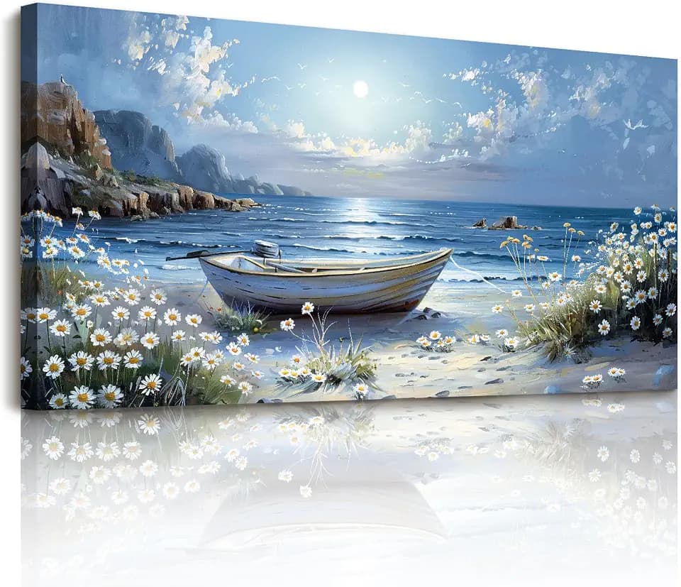 SERIMINO Coastal Boat Wall Art, Coastal Landscape Canvas Prints 24"x48"