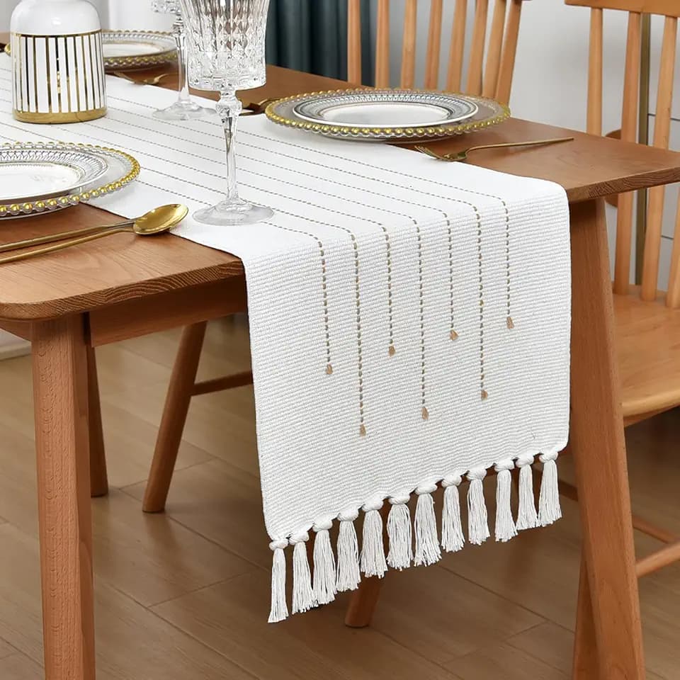 Boho Table Runner Natural Cotton Woven Runner with HandmadeTassels for Home Dining Table décor, for Modern Farmhouse Decor Coffee Table Runner (Khaki, 14x72Inch)
