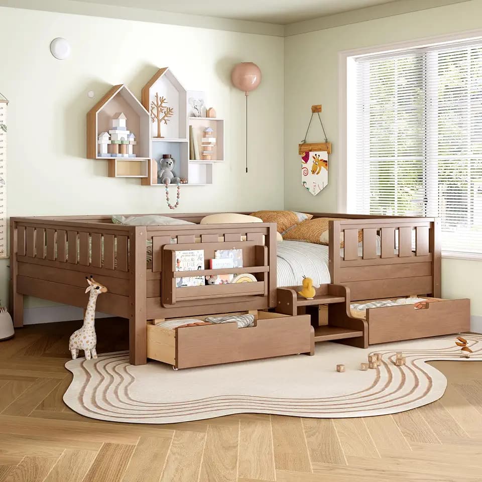 Bellemave Queen Size Kids Montessori Bed with Stairs and Bookshelf,Solid Wood Queen Size Kids Bed Frame with Drawers and Storage for Girls Boys,Low-Profile,Natural
