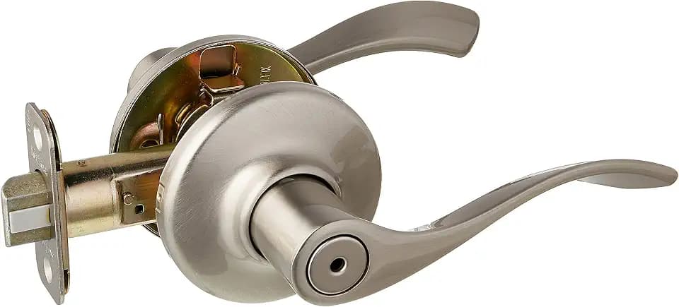Kwikset Balboa Interior Privacy Door Handle with Lock, Door Lever For Bathroom and Bedroom, Satin Nickel Reversible Keyless Turn Lock, with Microban Protection