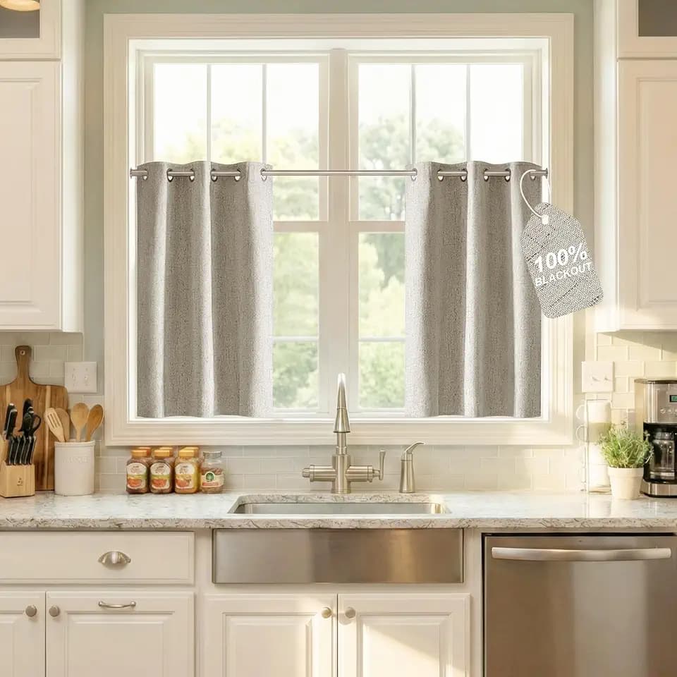NICETOWN 100% Blackout Linen Curtains 40 inches Long, White Liner Composite Grommet Short Window Treatments Sound Dampening Home Decors for Kitchen/Cafe, Beige, 2 Panels,W34 x L40