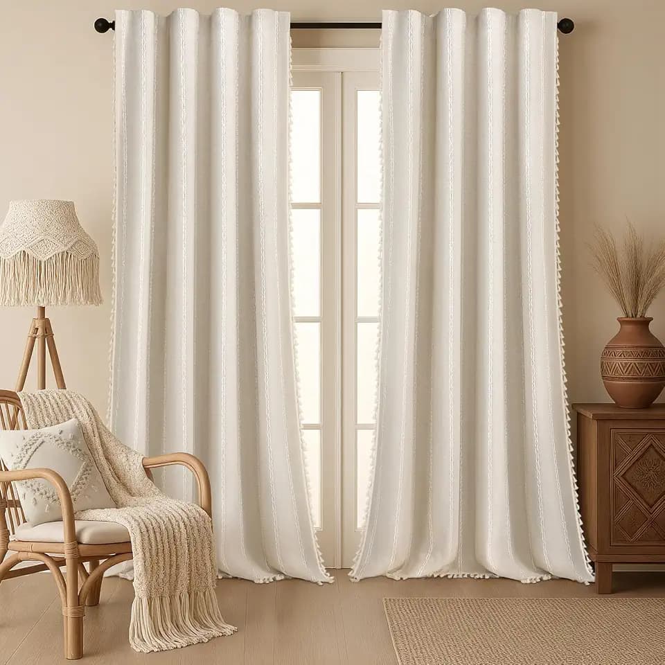 Boho 100% Blackout Curtains 96 Inch 2 Panels Linen Blend Beige