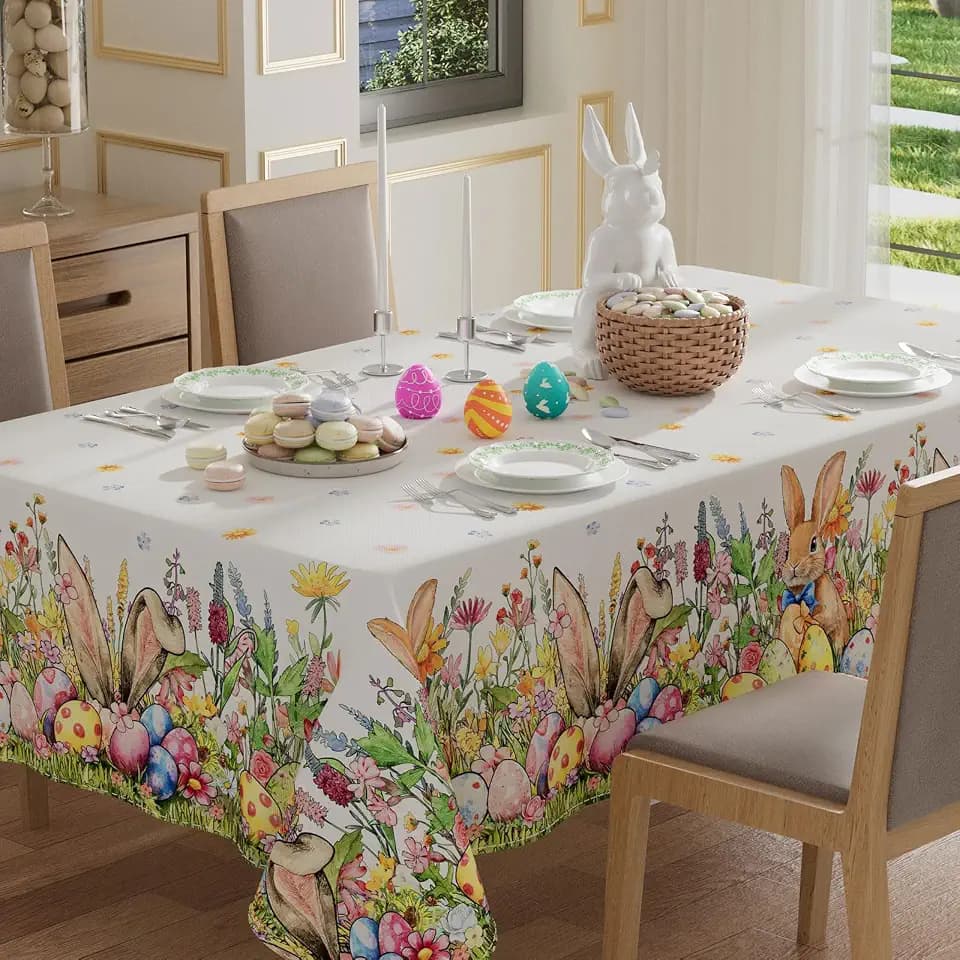 XCHI Bunny Ears Eggs Wildflowers Rabbits Easter Tablecloth Rectangle Table Cloth Washable Table Covers for Indoor Dining Home Party Decorations 60x84 Inch