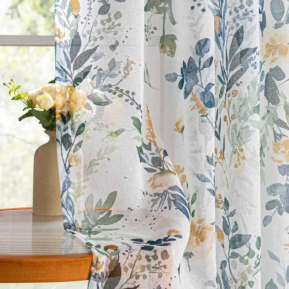 MYSKY HOME Yellow and Blue Sheer Floral Curtains 108 Inch Length 2 Panels
