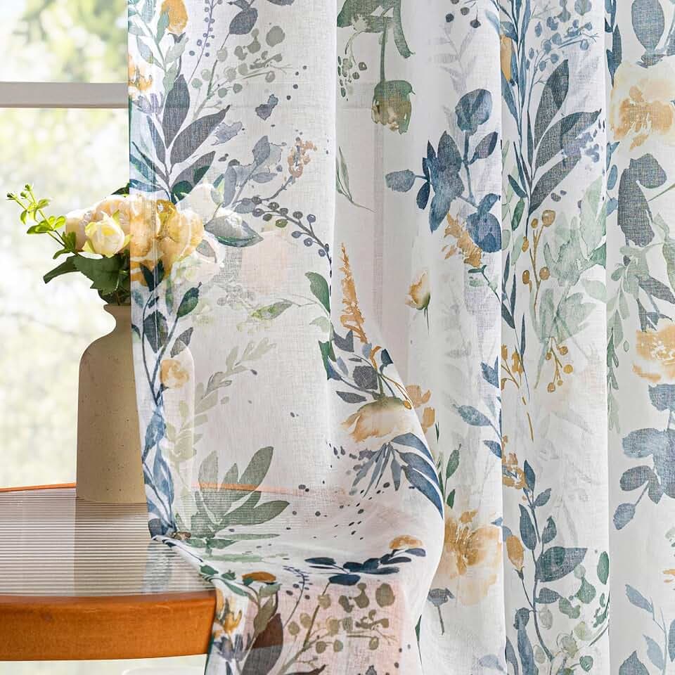 MYSKY HOME Yellow and Blue Floral Sheer Curtains 63 Inch Length for Cafe