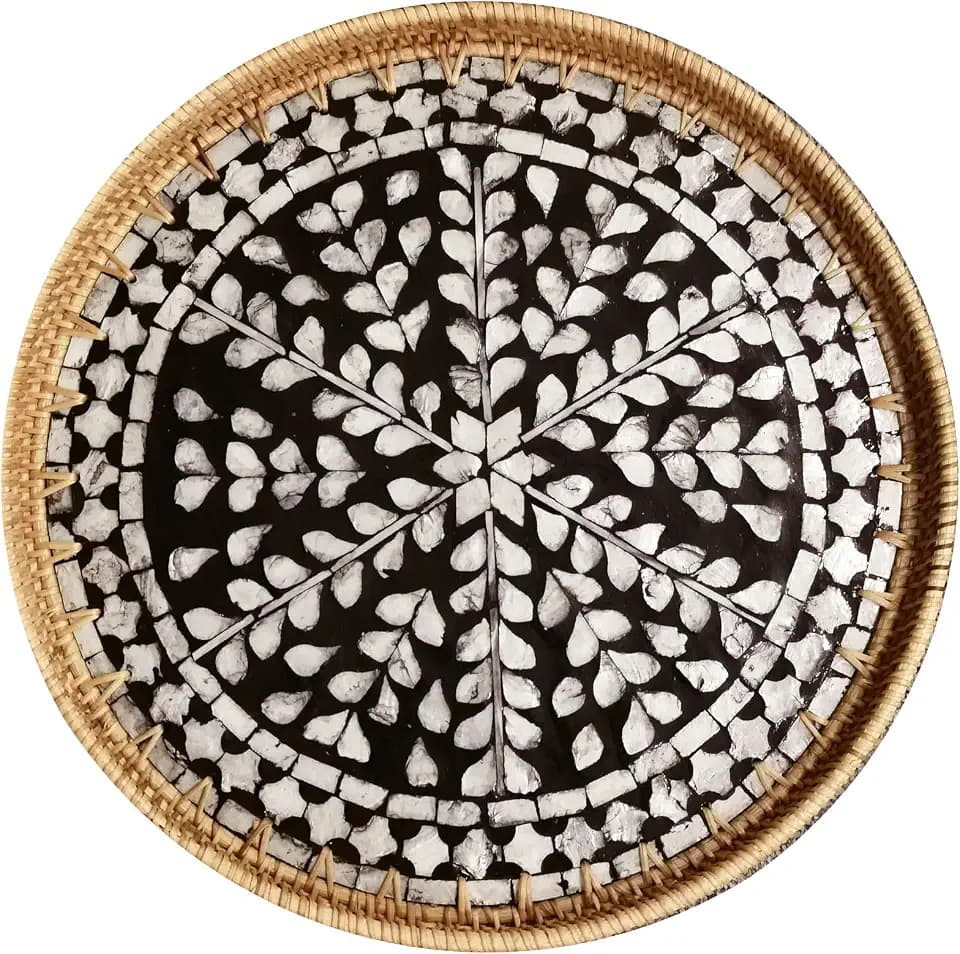 i-lan 16" Rattan & Mother of Pearl Serving Tray with 1.2" Raised Sides - Round Handwoven Black Accent Tray - Sophisticated Organizer for Home Bars, Coffee Tables & Lounge Decor