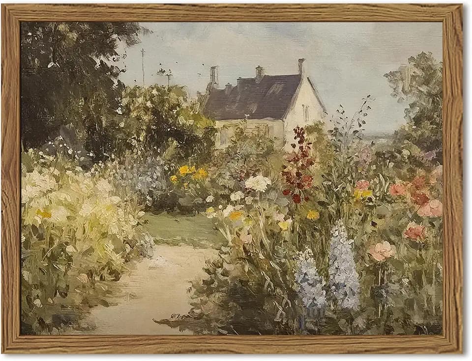 Vintage Painting Wall Art, Country Landscape Wall Decor, Nature Wildflower Farmhouse Pictures Canvas Prints for Bedroom Bathroom Living Room 24x16 inch Wood Framed