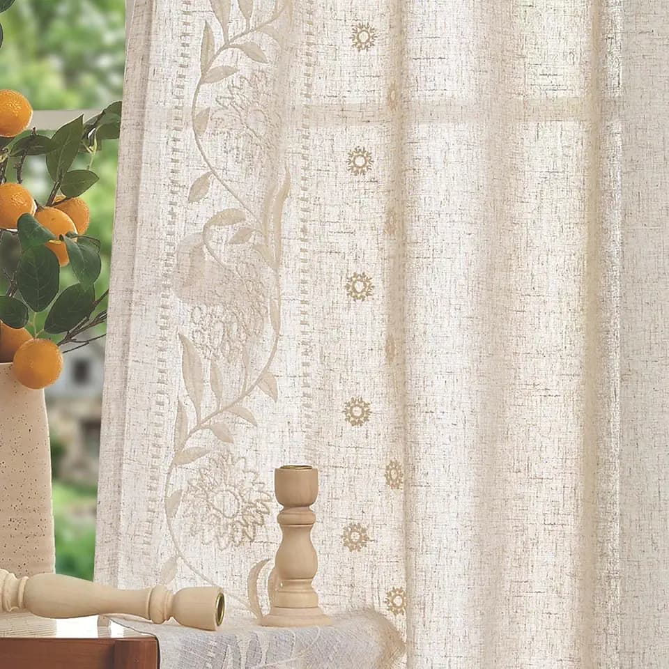 Lazzzy Linen Curtains for Living Room Bedroom 63 Inches Length Embroidered Floral Curtains Farmhouse Rod Pocket Drapes Light Filtering Window Treatments Ivory on Beige 2 Panels Set