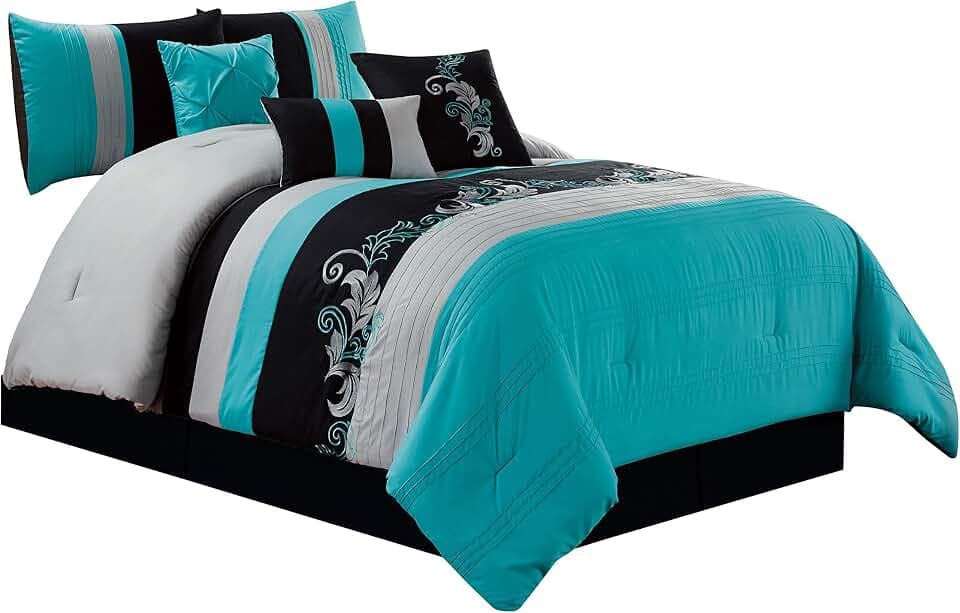 Chezmoi Collection Napa 7-Piece Luxury Leaves Scroll Embroidery Bedding Comforter Set (Oversized King, Teal Blue/Gray/Black)
