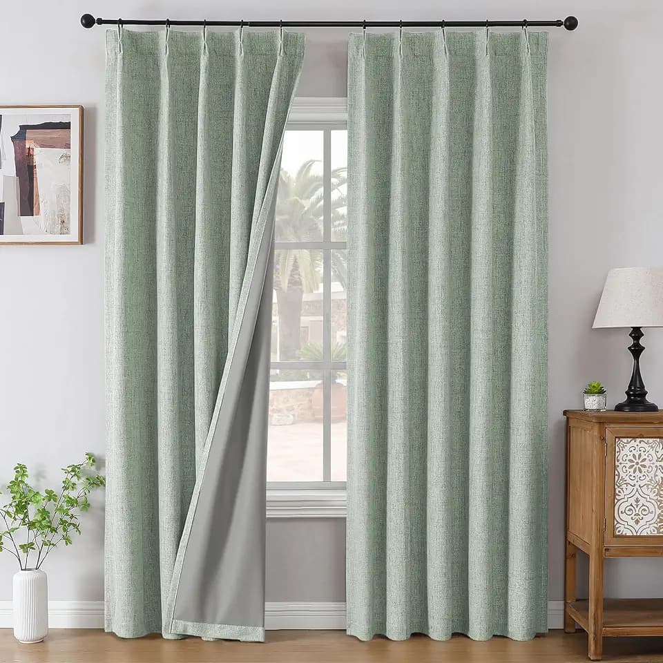 Joydeco Sage Green Pinch Pleated Linen Curtains 72 Inch Long, 100% Blackout Room Darkening Drapes for Bedroom & Living Room, Thermal Insulated Black Out Back Tab Curtain with Hooks, 2 Panels