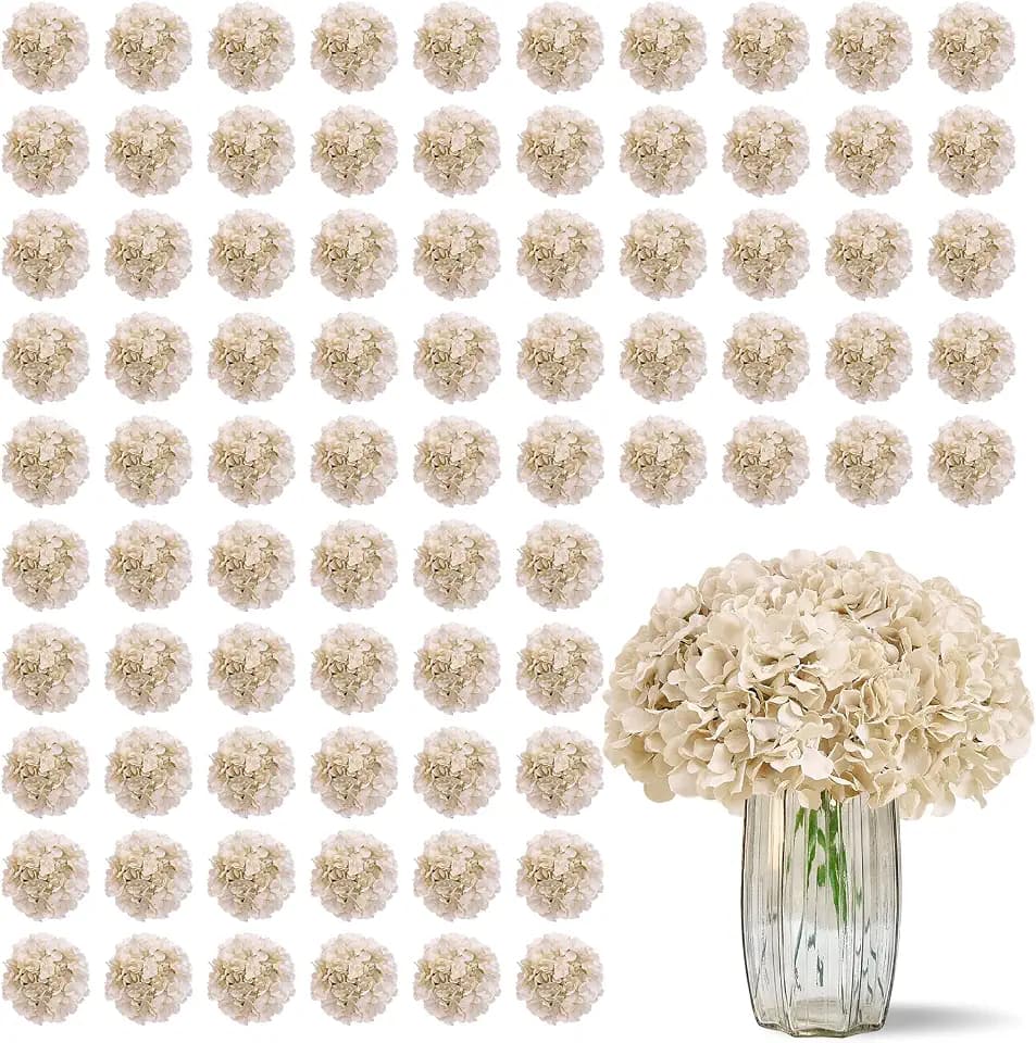 100 PCS Beige Hydrangea Artificial Flowers, Silk Full Flowers Heads with Stems for Wedding Centerpieces, Home, Garden, Baby Shower, Party Decoration