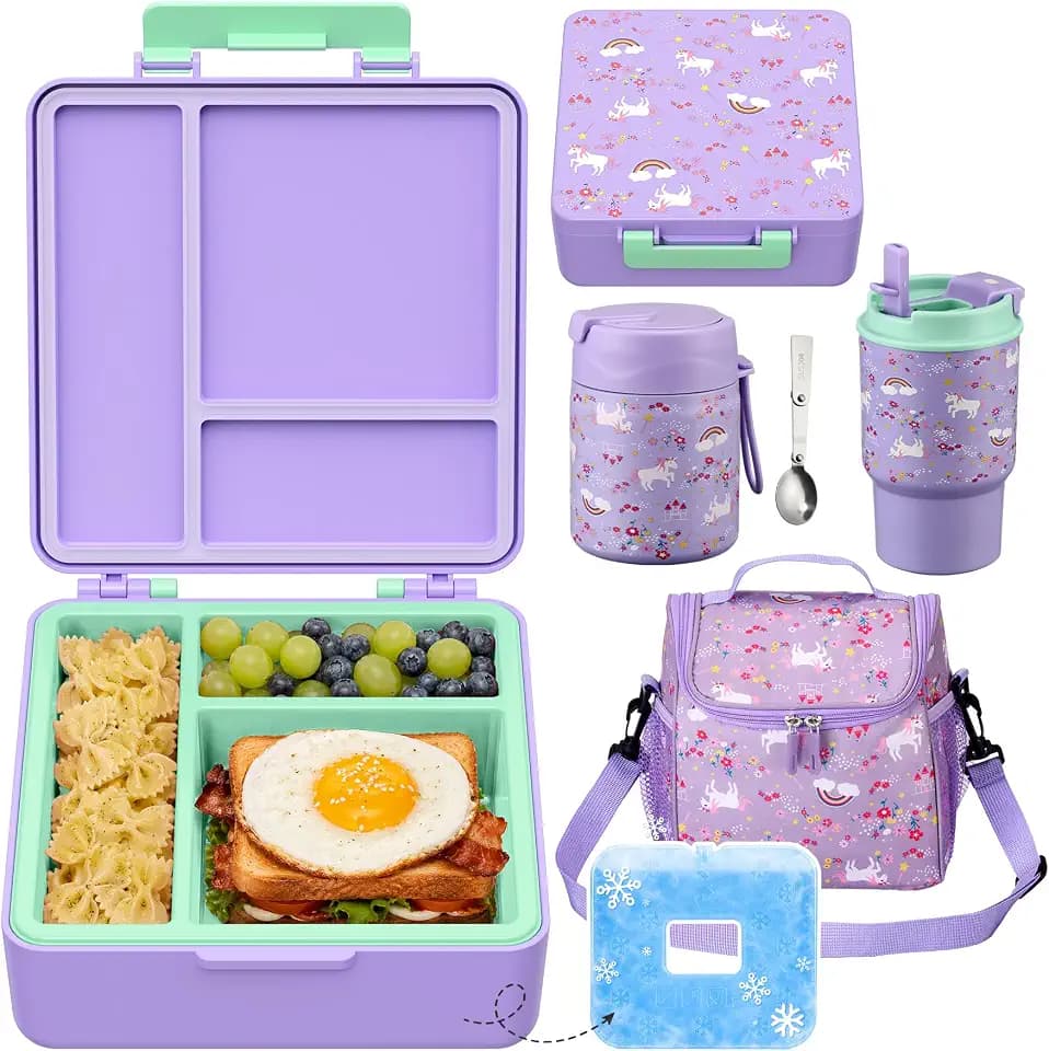Pawtong Lunch Box Set with Bento Box Container, 17OZ Stainless Steel Food Soup Thermo, Kids Water Bottle & Portable Insulated Lunch Bag, Leakproof, Hot/Cold Retention for School, Travel (Purple-Horse)