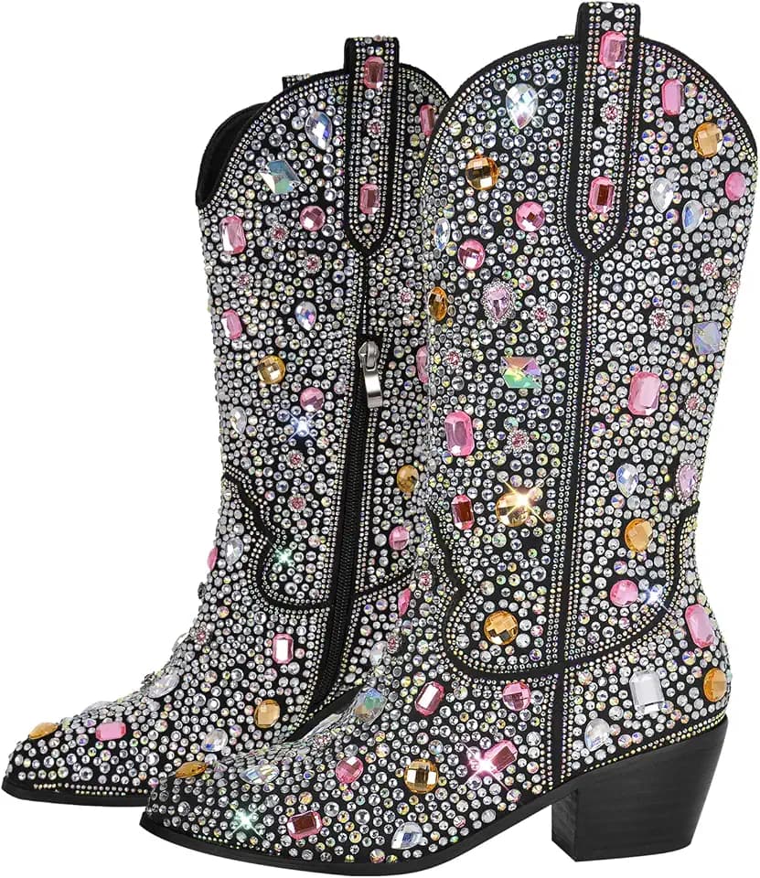 Richealnana Sparkly Rhinestones Cowboy Cowgirl Boots Calf High Pull On