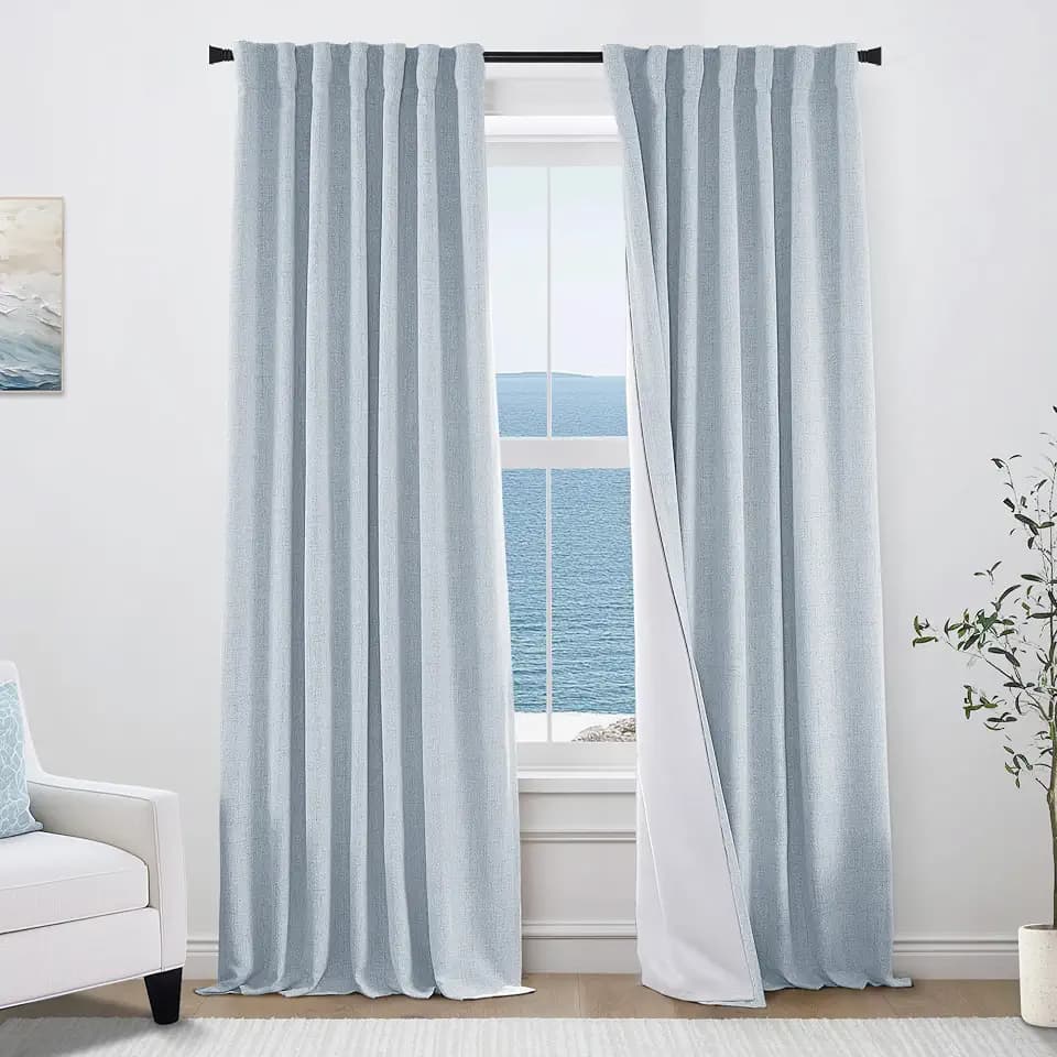 Sky Blue Pleated Blackout Curtains 96 Inch Long 2 Panel Set, Heavy Linen Lined Back Tab 100% Black Out Nursery Curtains Boy, Light Blue