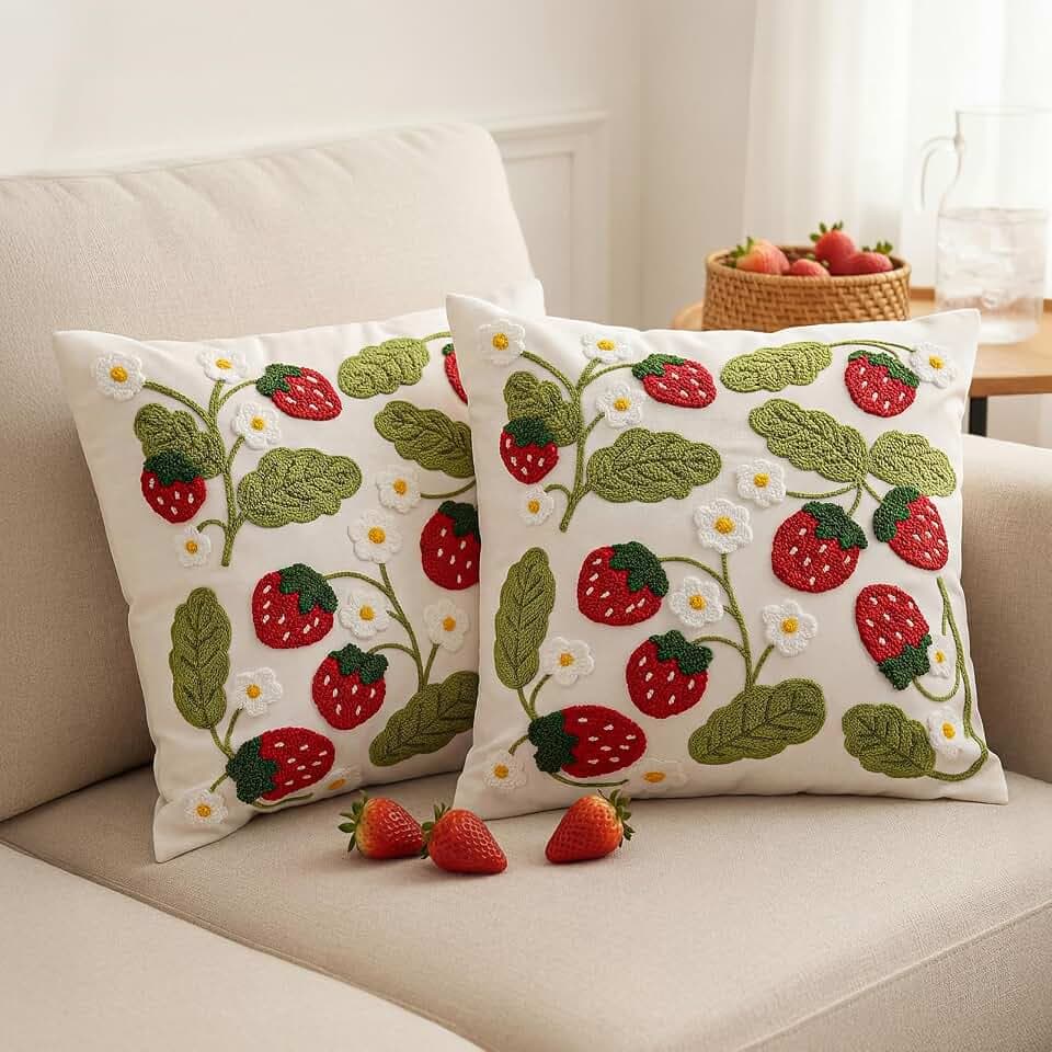 Tranqun Set of 2 Strawberry Throw Pillow Covers 18 x 18 Inches 3D Embroidered Cute Summer Fruit Sweet Decorative Pillow Cover Living Room Couch Sofa Bed Holiday Spring Summer Home Decor