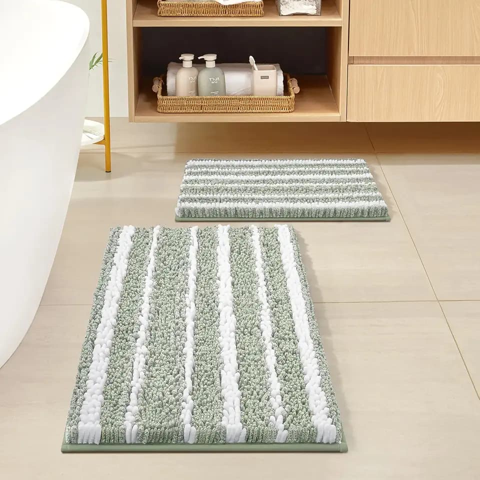 HOMEIDEAS Bathroom Rugs Sets 2 Piece, Cationic Dyed Chenille Extra Soft and Absorbent Non Slip Machine Washable Bath Mats (32"x20"+24"x17", Sage Green)