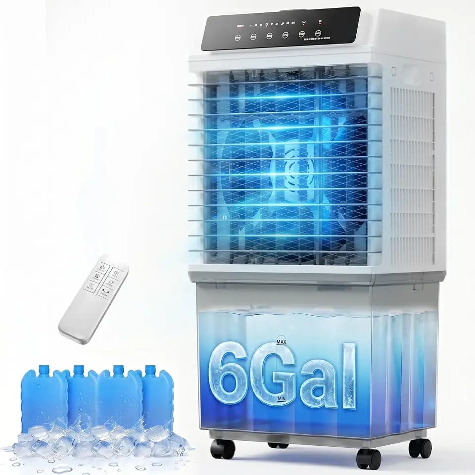 Uthfy 1800CFM Evaporative Air Cooler with 6 Gal Water Tank, 3-IN-1 Swamp Cooler, 3 Modes 3 Speeds, 4 Ice Packs, 120° Oscillation, 12H Timer, Portable Air Conditioner for Indoor, Bedroom, Office