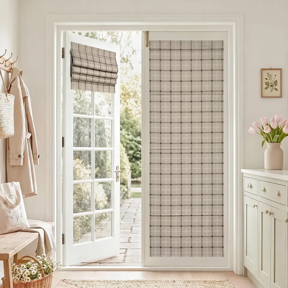 NICETOWN 100% Blackout Taupe Plaid Magnetic Roman Shade, W26 x L72, 1 Panel