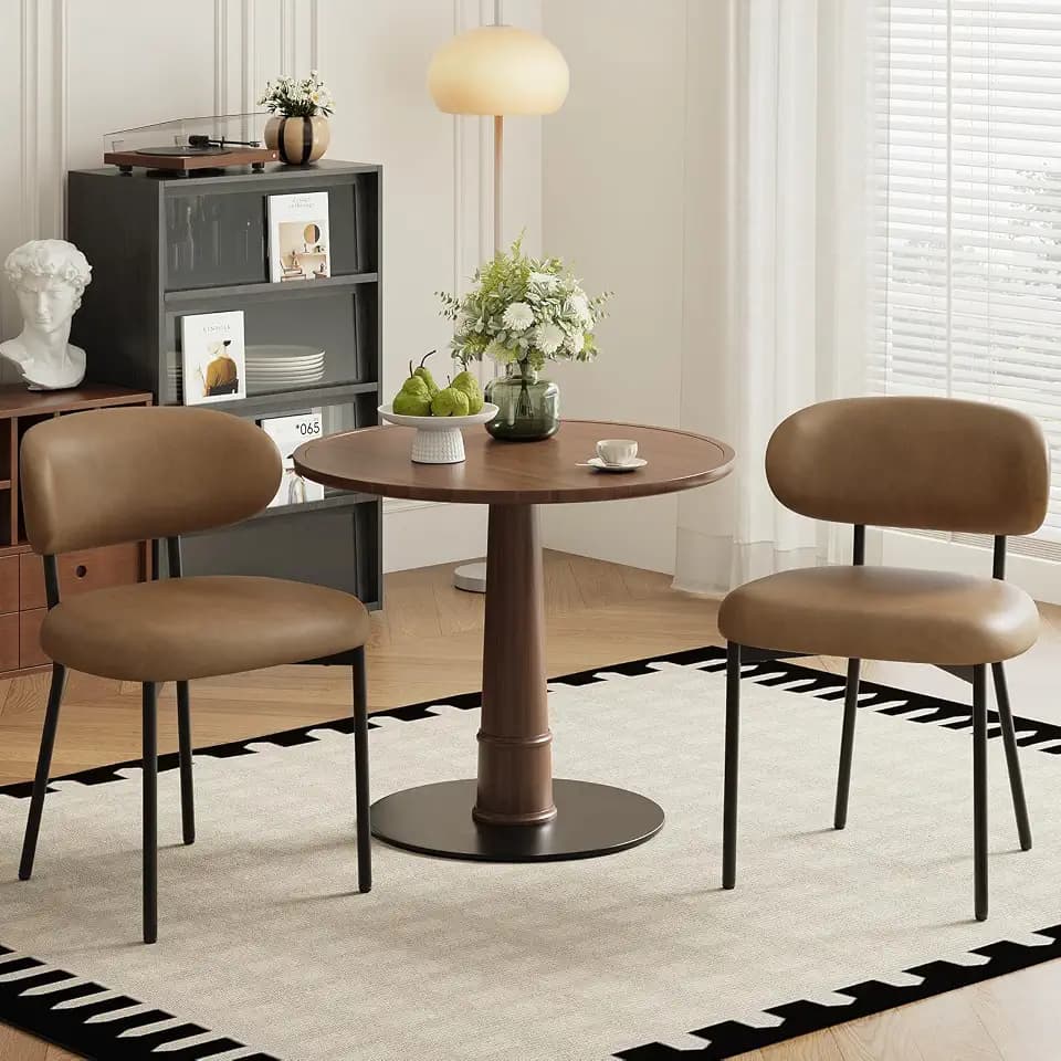 Upholstered Dining Chairs Set of 2, Modern Faux Leather Kitchen Chairs with Curved Backrest and Cushioned Seat, Sturdy Metal Legs, Comfortable Accent Chairs for Kitchen Dining Room,Living Room,Brown