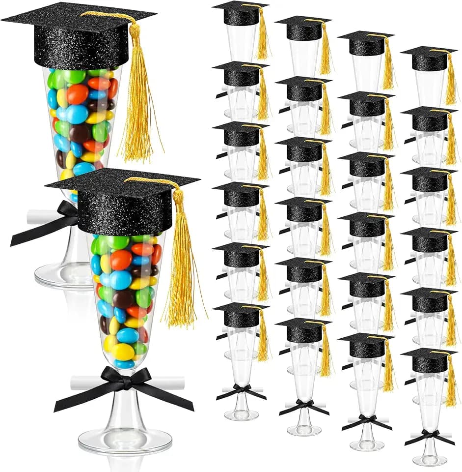 Ziliny 24 Sets 2026 Graduation Party Decoration Plastic Champagne Flutes Mini Grad Cap Bottle Toppers Goblet Covers with Tassel and Scroll Diploma Black Bow DIY Graduation Cap Favors for Table Decor