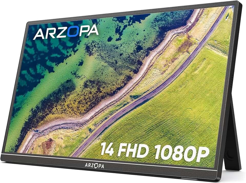 ARZOPA Portable Monitor, 14.0 Zoll 1920×1080 FHD IPS Tragbarer Monitor für Laptop mit Einzelstange, Unterstützt HDMI/Typ-C/USB-C, Augenschutz-Gaming-Bildschirm für Laptop/PC/Mac/PS3/4/5/Xbox