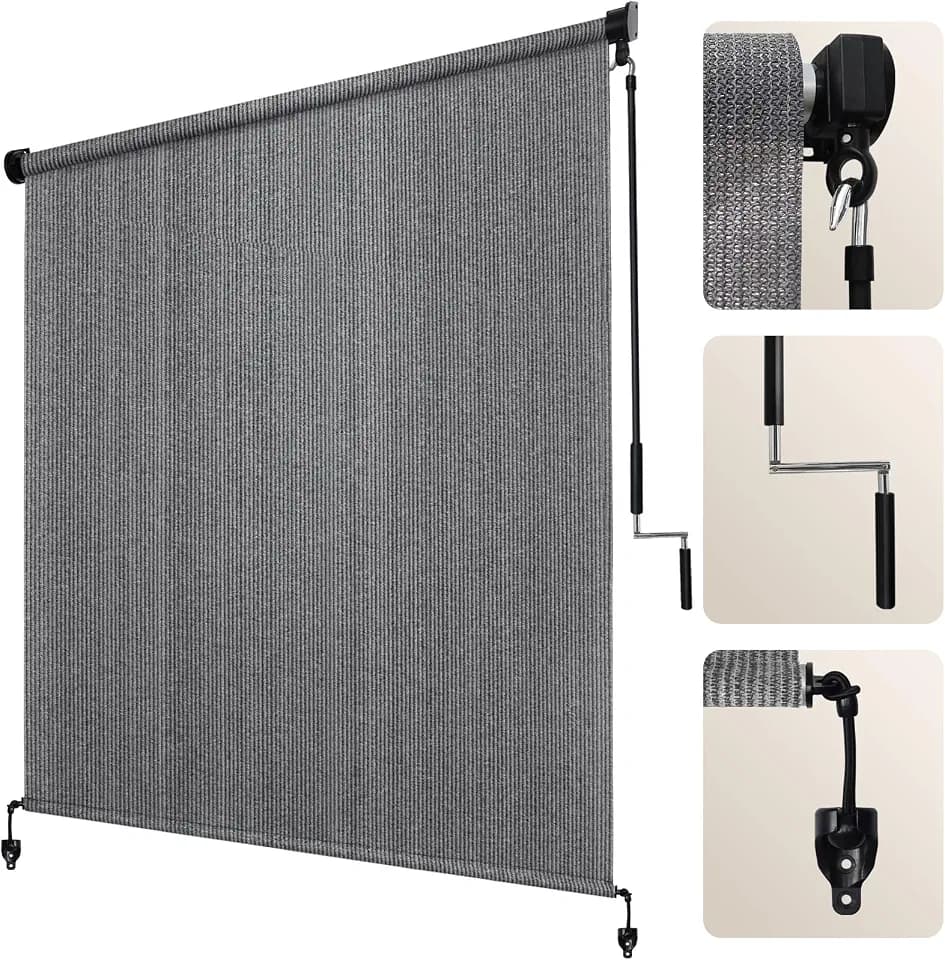 Artpuch Outdoor Roller Shade 11' W x 8' H, Gray Exterior Cordless Patio Shades Roll Up Blinds with Spliced Pole Design, One-Piece Fabric