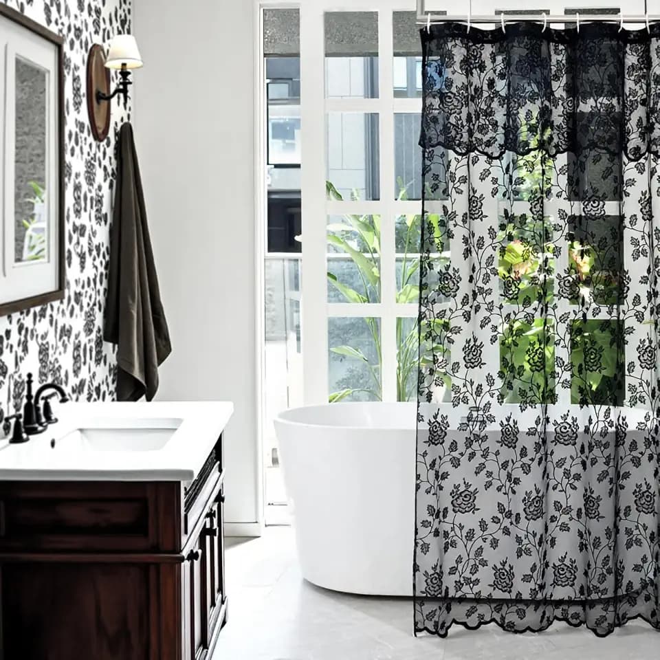 Black Lace Stall Shower Curtain with Attached Valance, 36 x 72 Inch 1 Panel