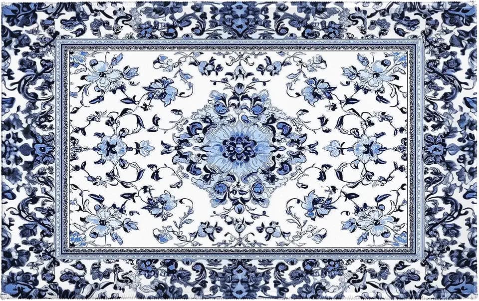 Giwawa Boho Floral Bath Rug Blue Leaves Soft Absorbent Bath Carpet 20x32 Inch Microfiber Non Slip Plush Shower Mat for Bathroom Laundry Floor Sink