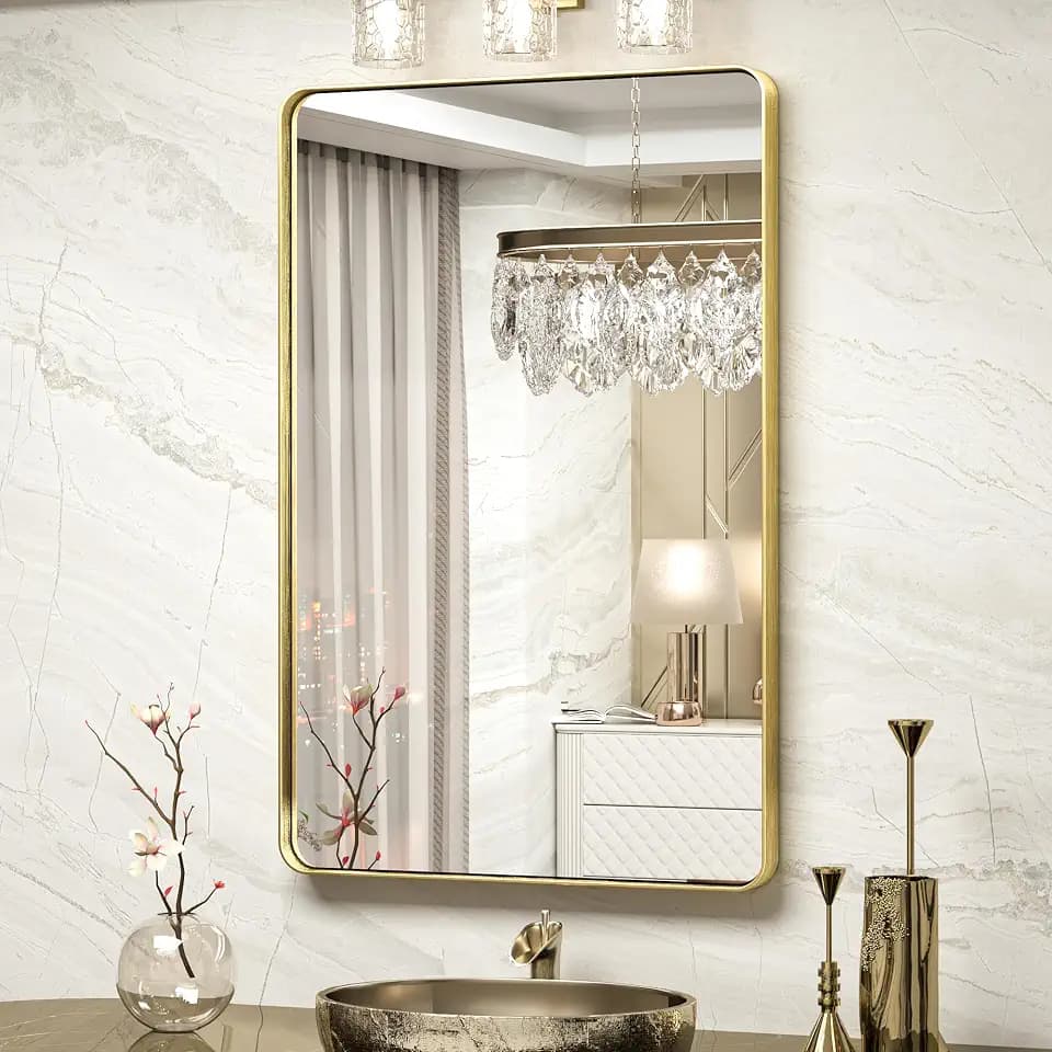 TokeShimi Gold Bathroom Mirror - 24 x 36 Inch Metal Rounded Corner Rectangle Mirror - Hangs Horizontal Or Vertical - Rustic Finish