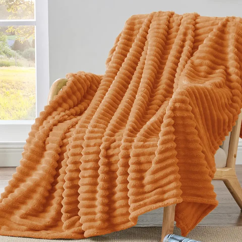 BEDELITE Ribbed Fleece Fall Throw Blanket, Burnt Orange, 50"x60"
